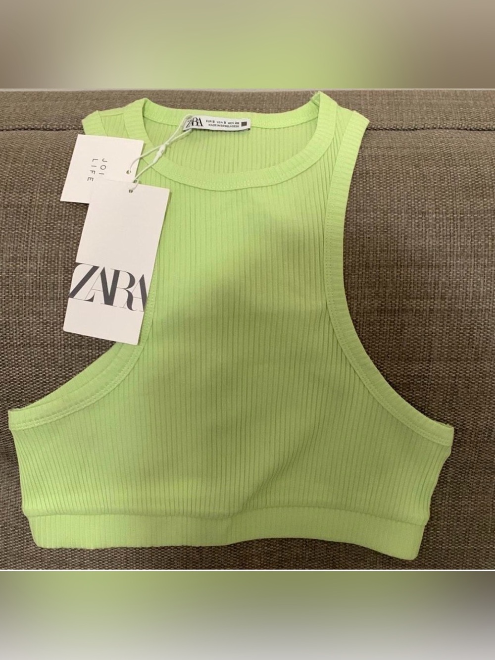 Zara Neon Green Ribbed High-Neck Crop Tank